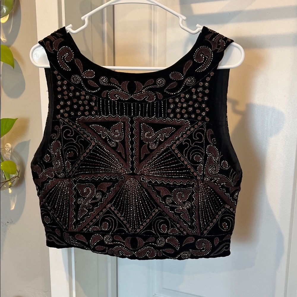 Zara Black and Brown Embroidered Crop Top - Picture 3 of 5